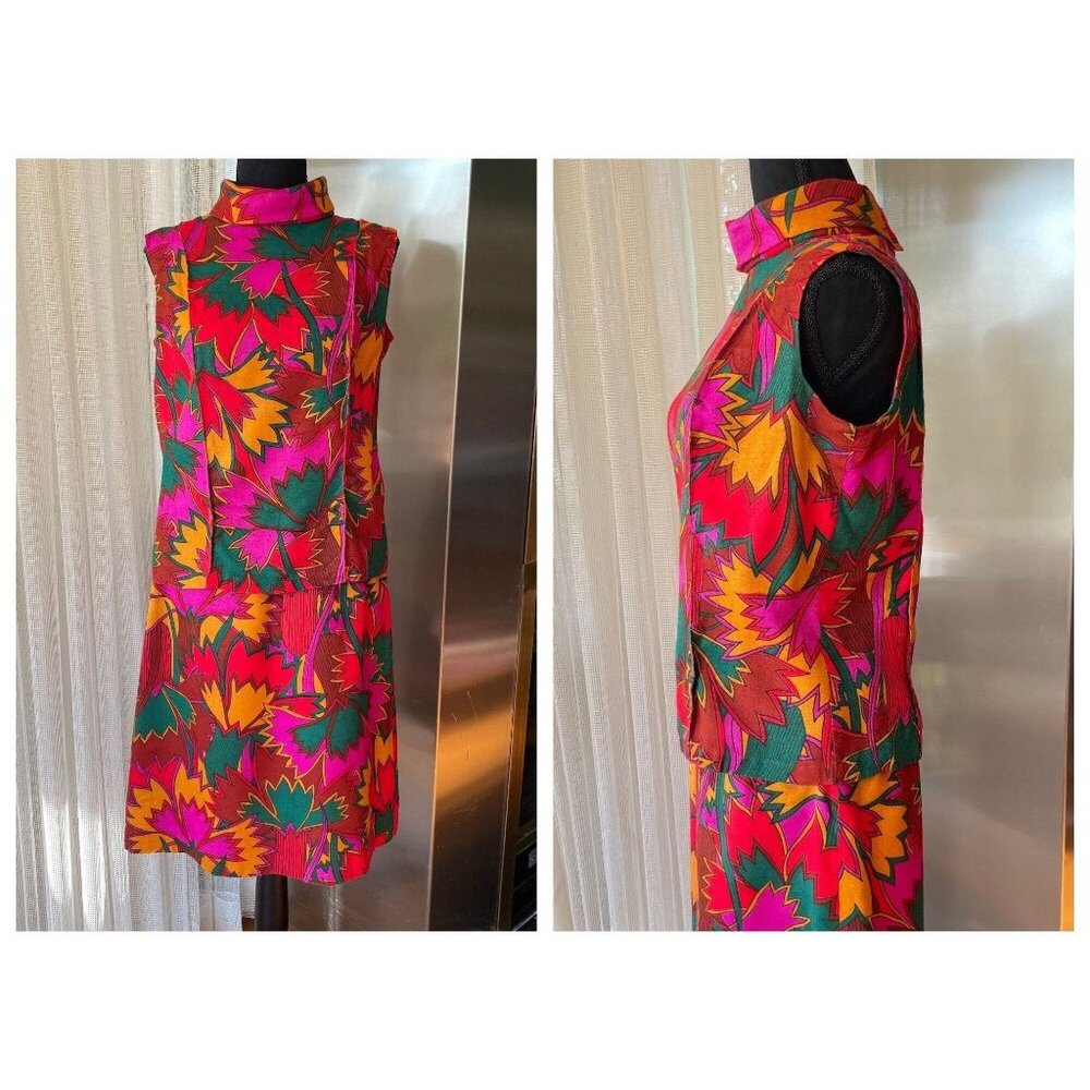 Vintage 70s two pieces set, funky colored leaves sleeveless top, straight skirt